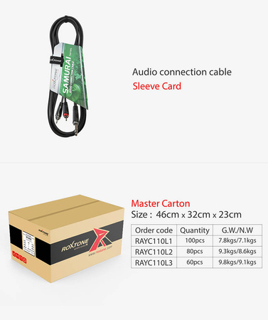 Y-Kabel 6,3 mm Stereo Klinkenstecker auf 2x RCA Stecker, 1 m Roxtone RAYC110L1